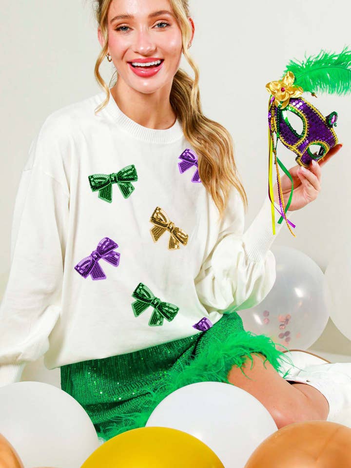 Mardi Gras Bow Embroidered Sequin Knitted Sweater VT81484M- for wholesale by Vine & Love