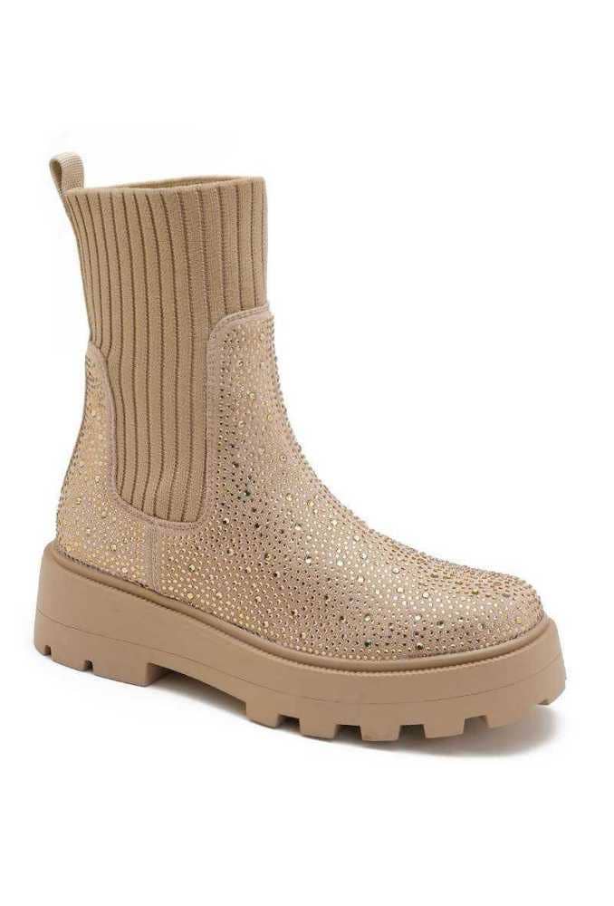 Joia Paris – Botins - Mulher por atacado – Botas rasteiras elásticas de cano curto com strass decorativo WZ-785