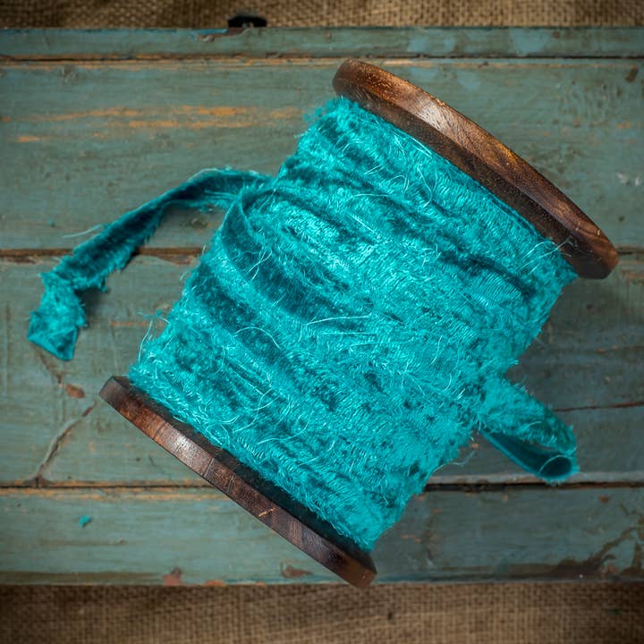 Moult - Wholesale Ribbon - Gift Wrapping - Very Large Spool of Frayed Teal Velvet Ribbon