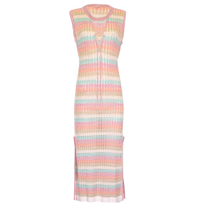 MAXI DRESS IN RACKING KNIT WITH CRISS CROSS FRONT NECKLINE for wholesale by Ruth Erotokritou Knitwear