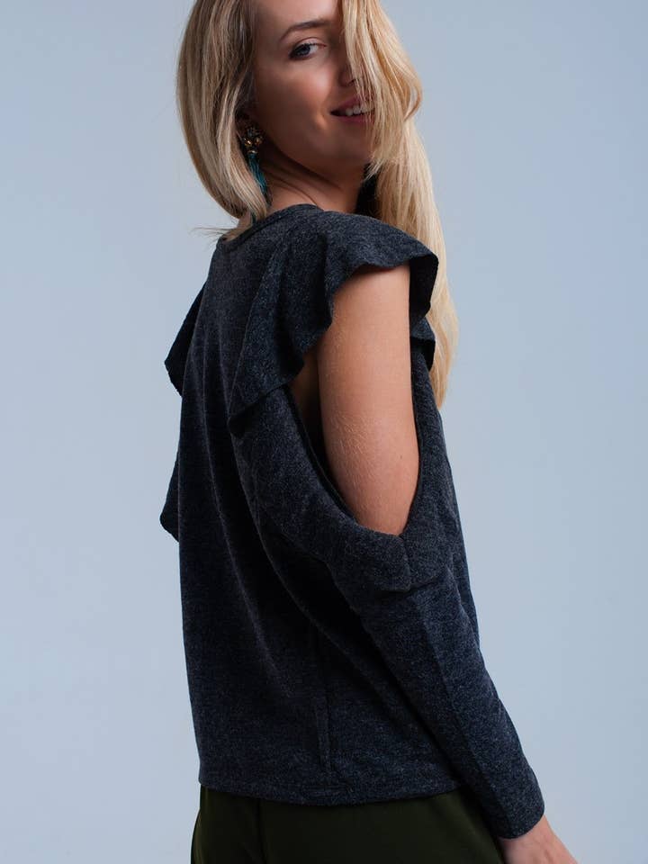 Mørkegrå top med flæse og åbne detaljer for engroshandel hos Q2—All Orders:Free Duties for the US,UK,and Canada