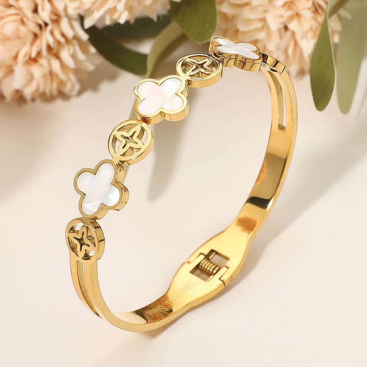 Stainless Steel Quatrefoil Link Hinged Bangle Bracelet for wholesale by Sensibling Corp.