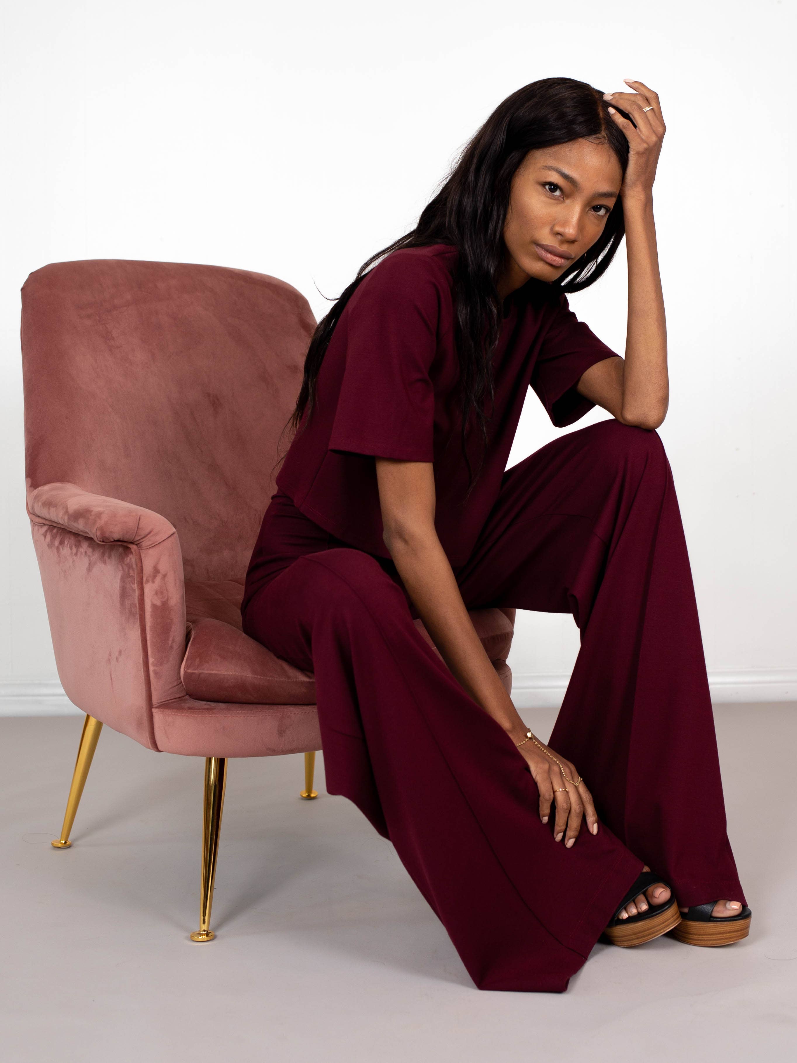 Ripley Rader - Wholesale Knit Top - Women's - Burgundy Ponte Knit Short Sleeve Extended Tee1