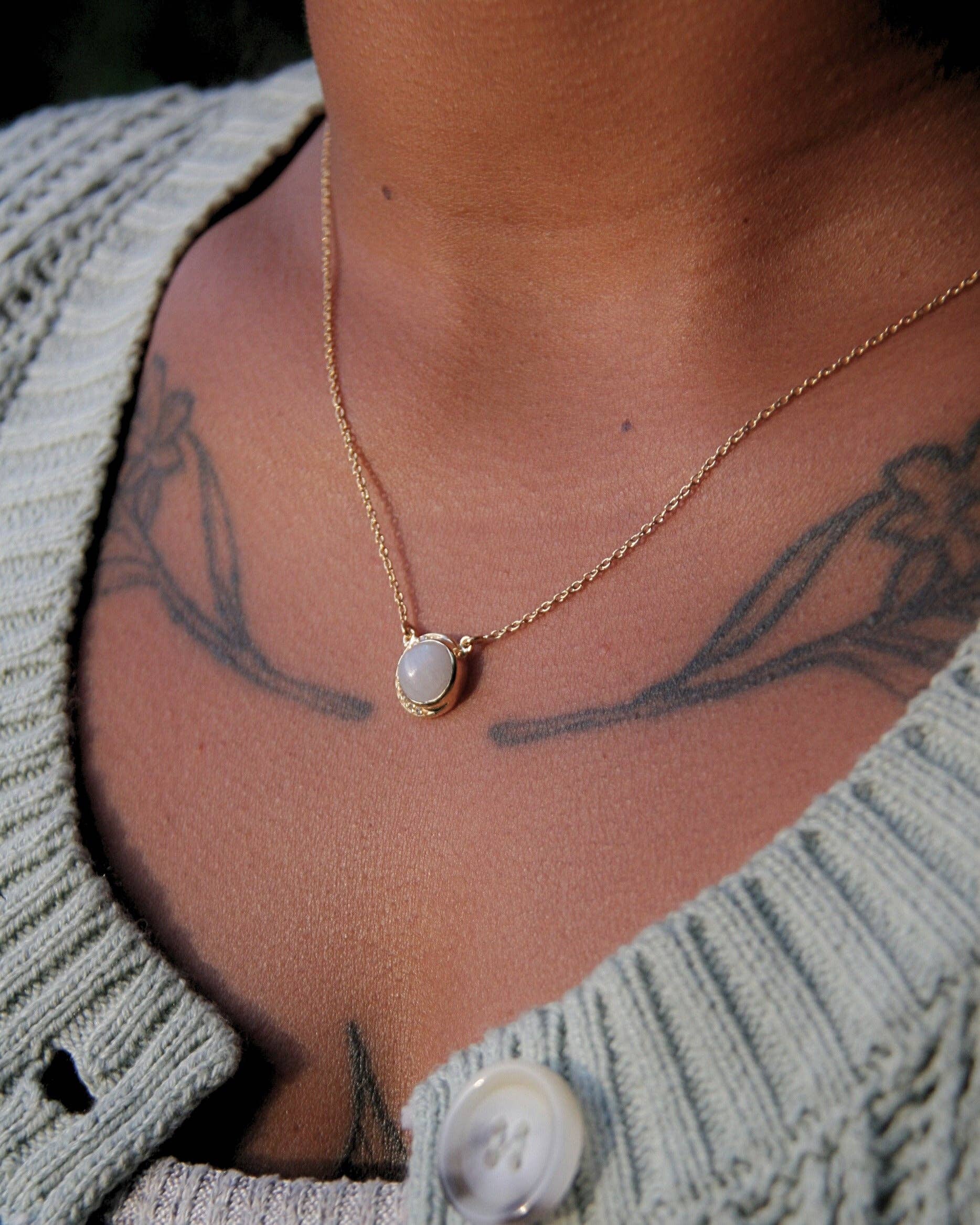 Heart and Lotus Sterling Silver Jewelry - Wholesale Pendant/Charm Necklace - Crescent Moonstone Necklace in Rainbow Moonstone, Cubic Zirconia + Gold3