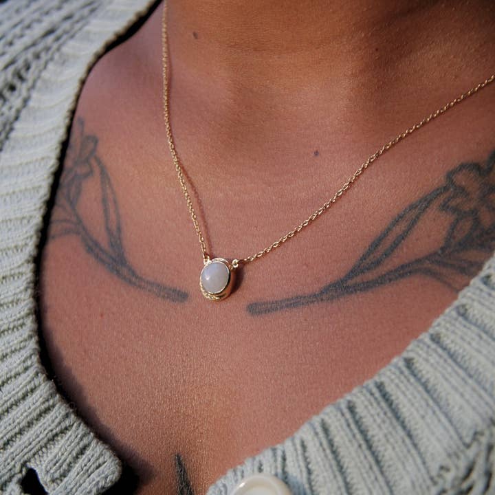 Heart and Lotus Sterling Silver Jewelry - Wholesale Pendant/Charm Necklace - Crescent Moonstone Necklace in Rainbow Moonstone, Cubic Zirconia + Gold3