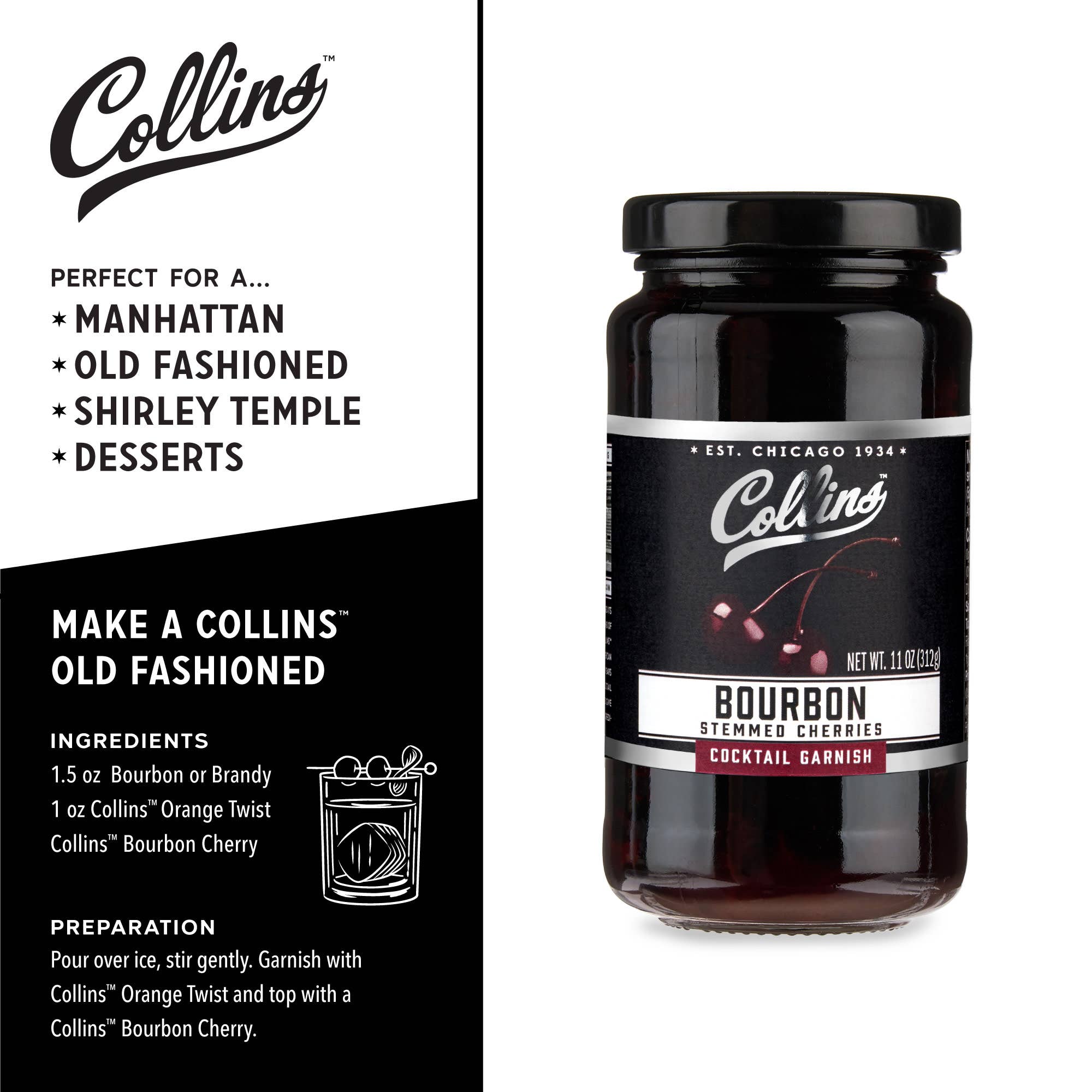 Collins - Wholesale Cocktail Mix/Syrup - Bourbon Soaked Stemmed Cherries Cocktail Garnish 11 oz2
