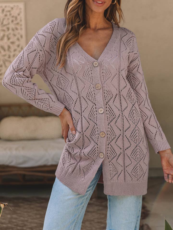 Lovesoft - Wholesale Cardigan - Women's - Khaki Hollow-out Openwork Knit Cardigan Sweater coat