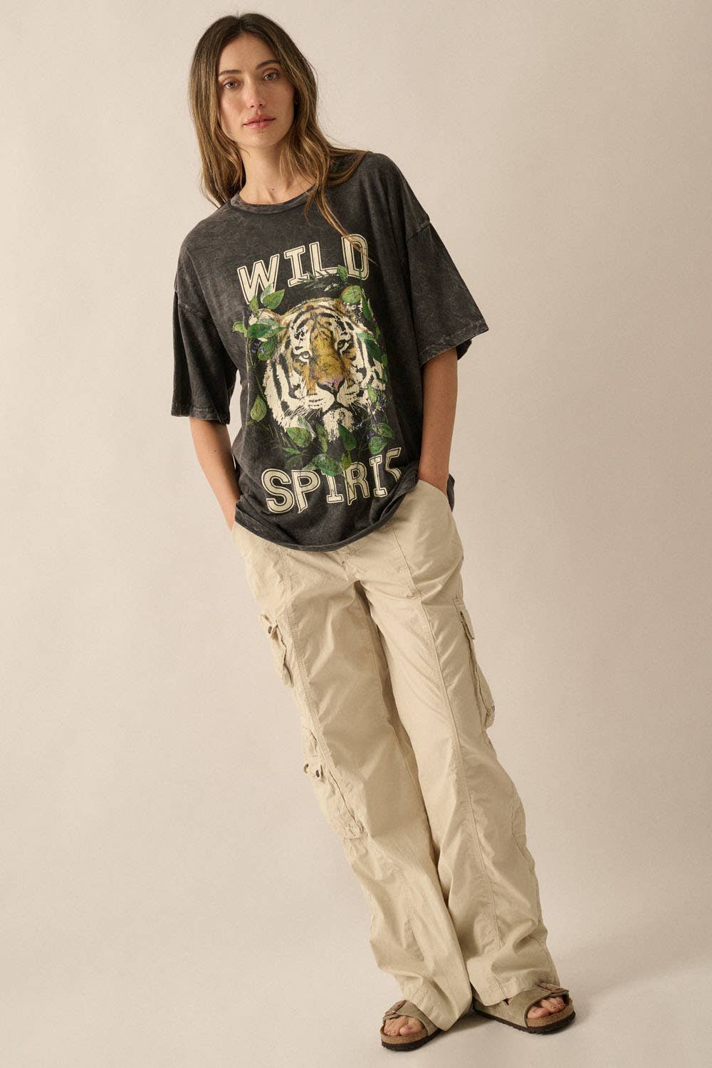 Charcoal Wild Spirit Vintage-Wash Oversized Graphic Tee for wholesale on Faire5