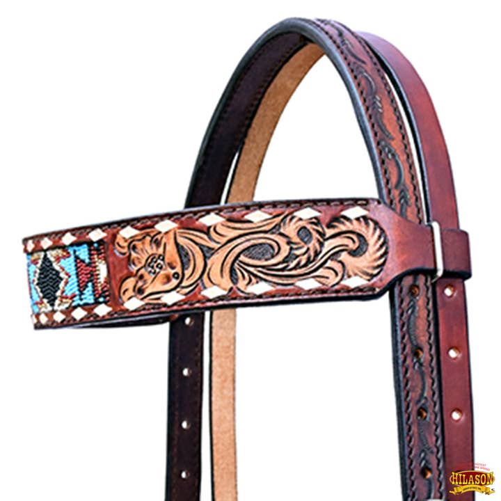 HILASON - Wholesale Horseback Riding Gear - Hilason Horse Floral Hand Carved American Leather Breast Collar Headstall W/ Beaded Work Brown2
