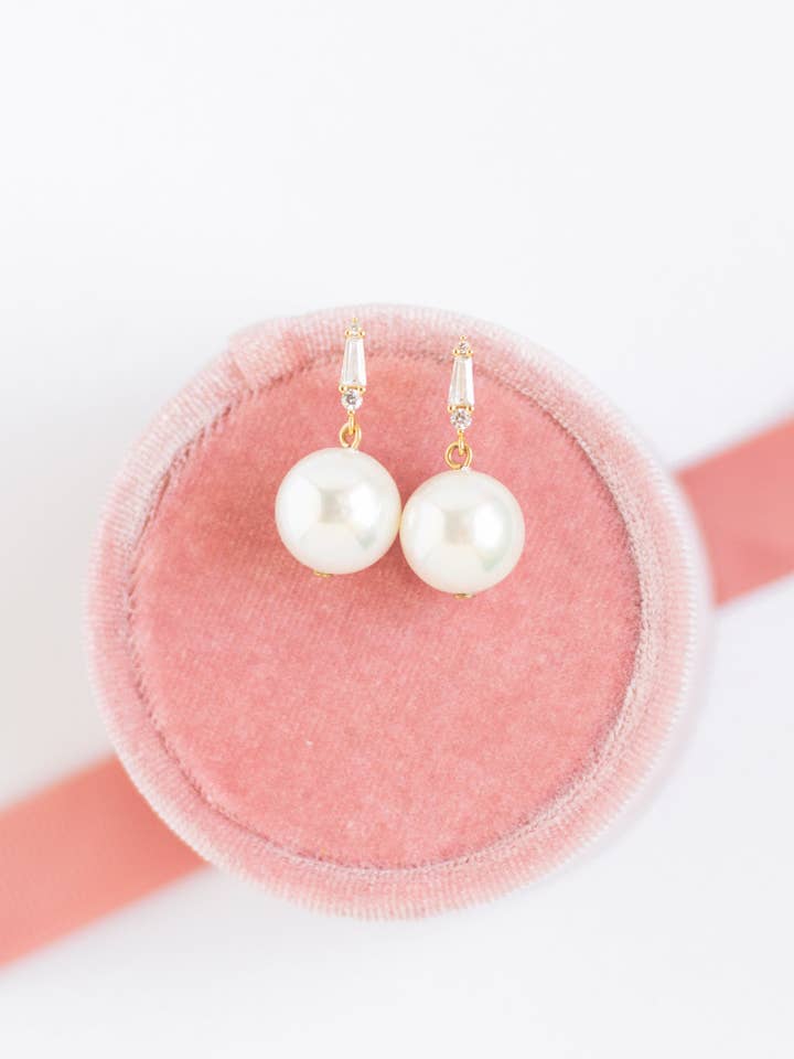 Baguette Pearl Earrings for wholesale by Rachelyn Jewelry