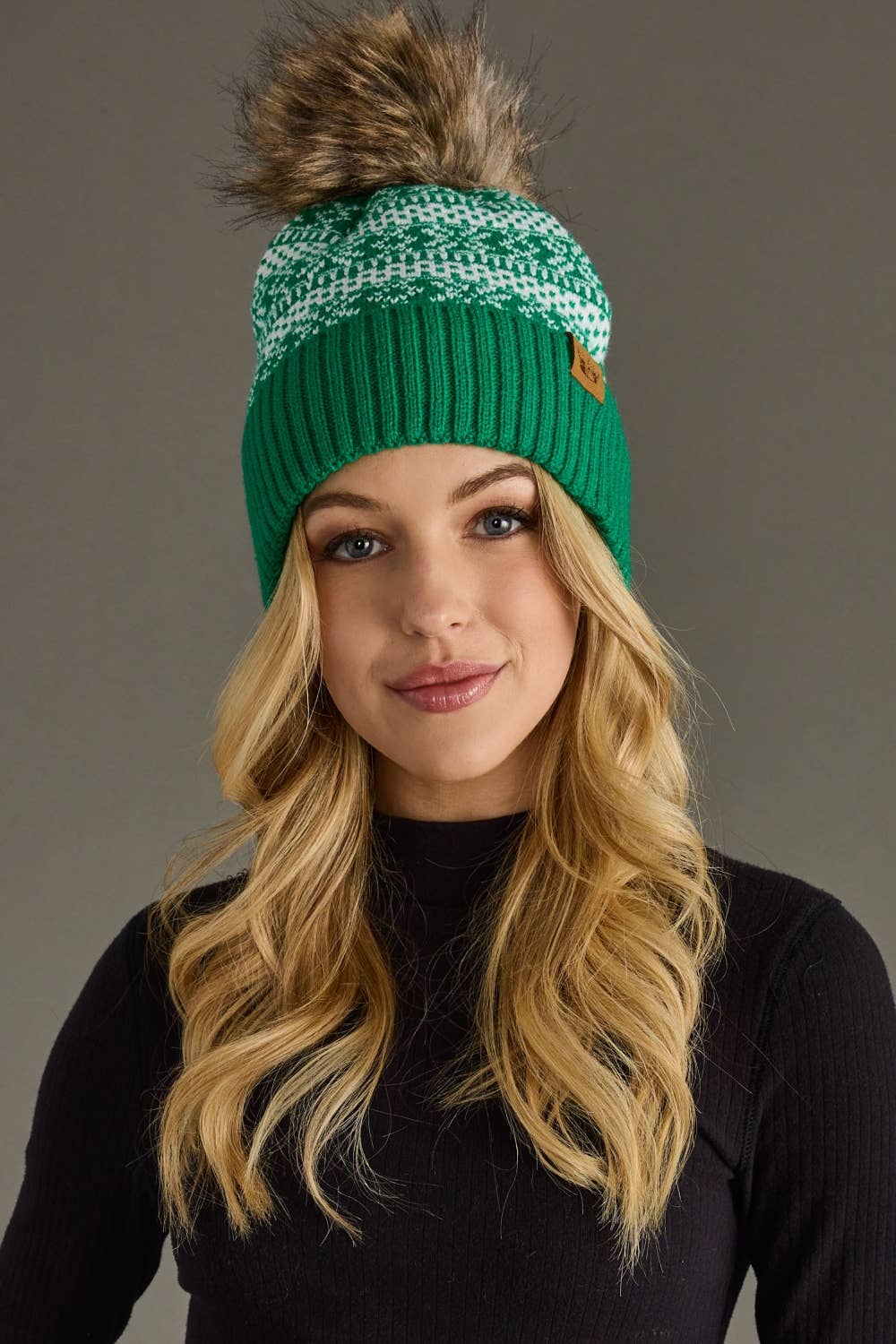 Panache Apparel Co. - Wholesale Beanie - Women's - Green & White Winter Pattern Pom Hat0
