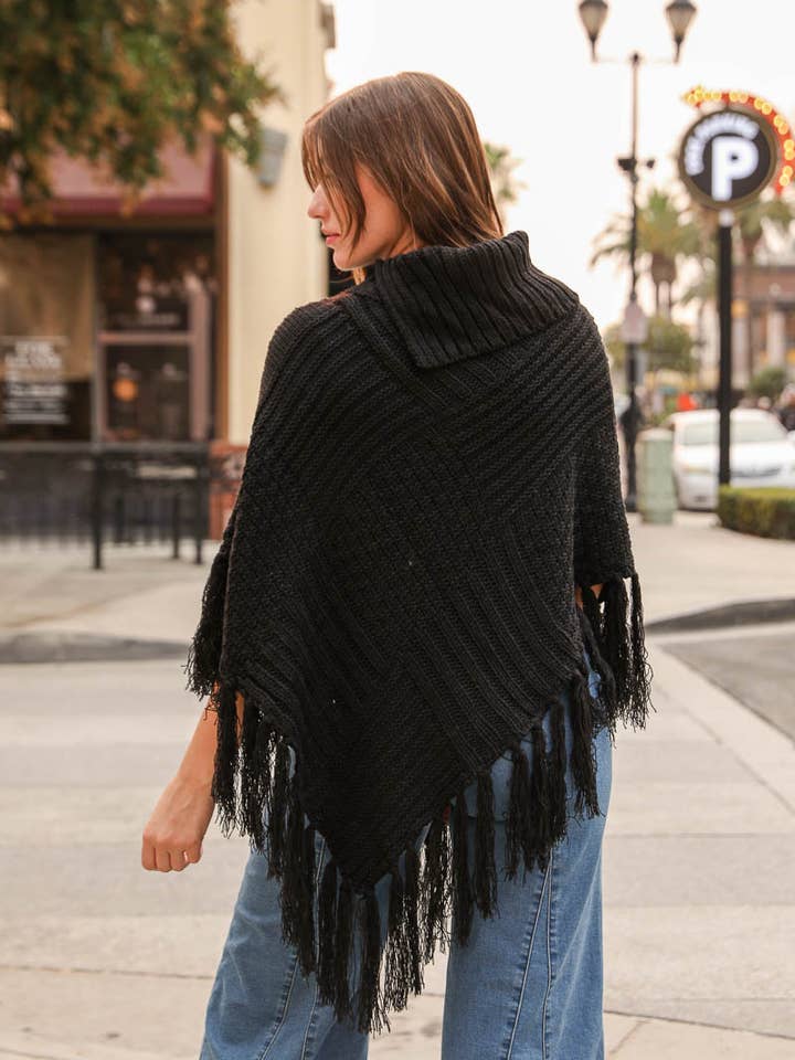 Leto Accessories - Wholesale Poncho - Women's - Turtleneck Cable Knit Poncho With Tassels8
