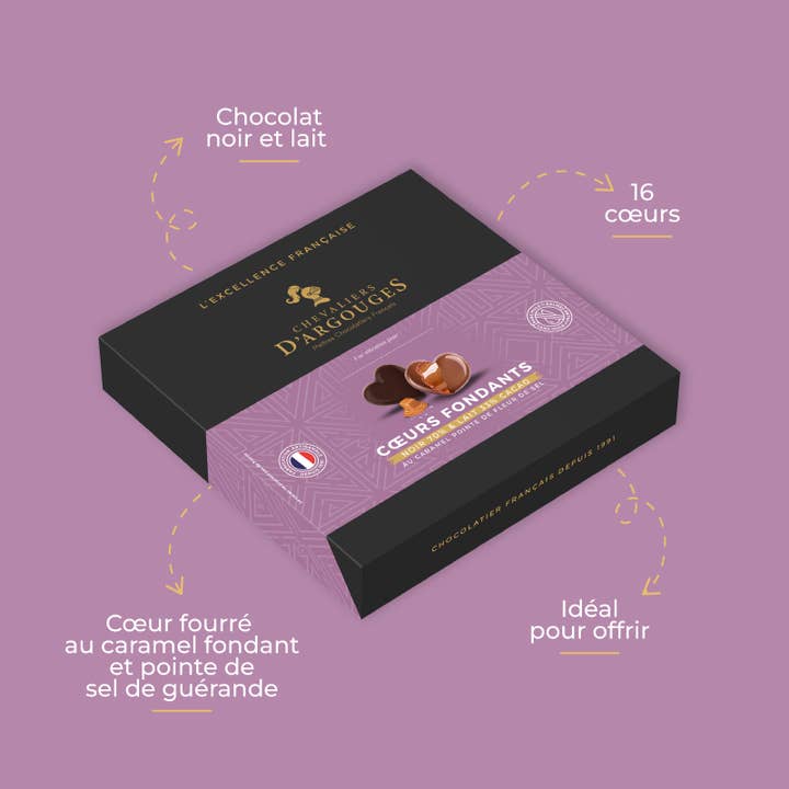 Chevaliers d'Argouges - Wholesale Chocolate Box - ASSORTMENT OF CARAMEL LAVA HEARTS WITH A HINT OF SALT DARK/MILK3
