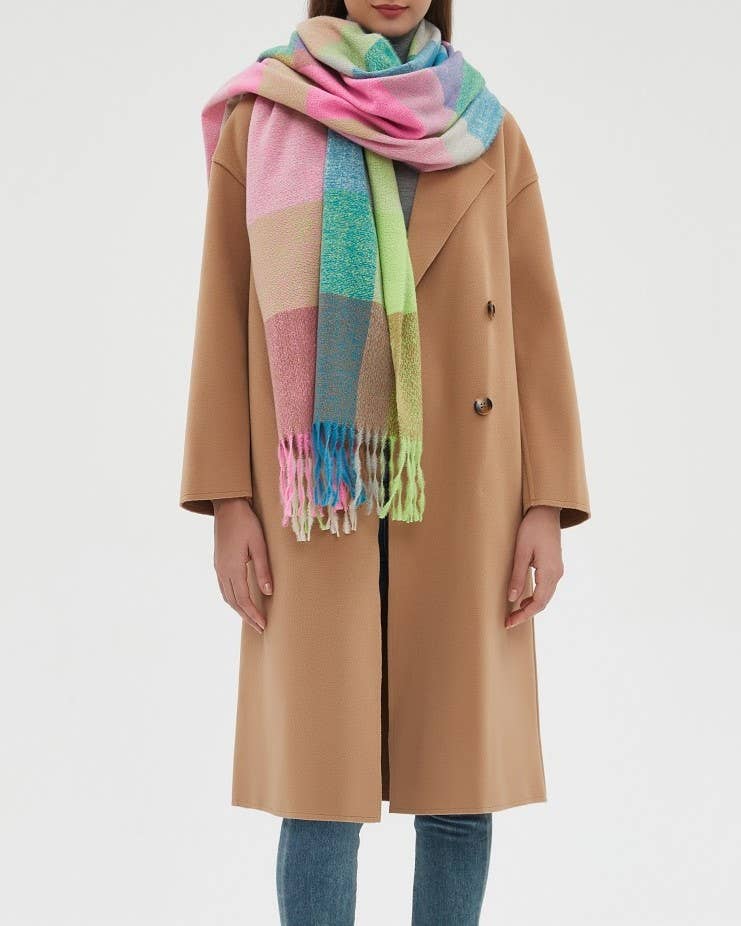 HIDDENBRAND - Wholesale Scarf - Women's - Soft cozy color block fringe scarf wrap10