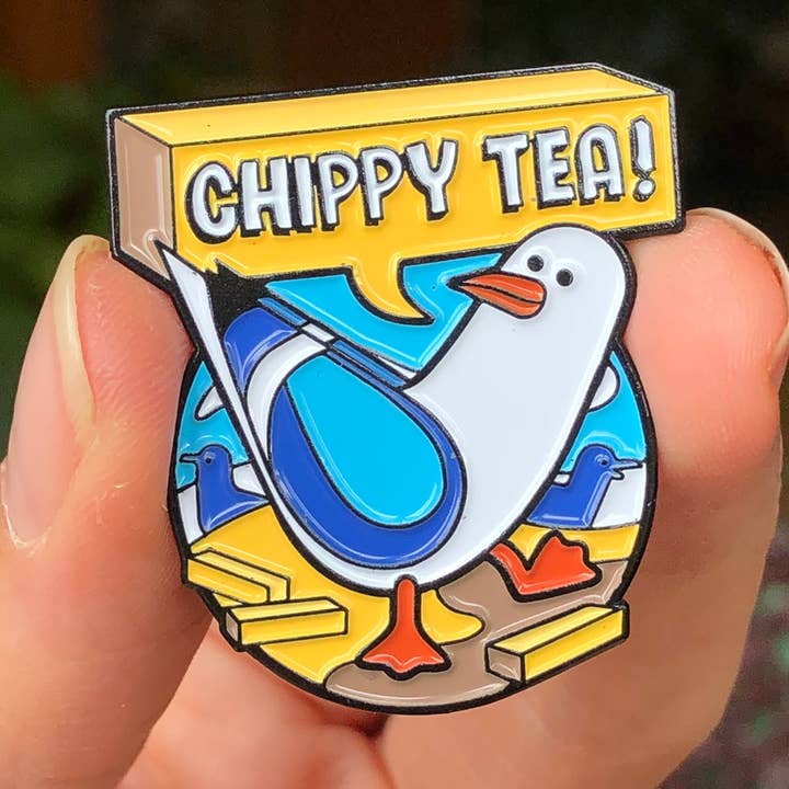 Chippy Tea Enamel Pin Badge for wholesale by Sophie Green Artist