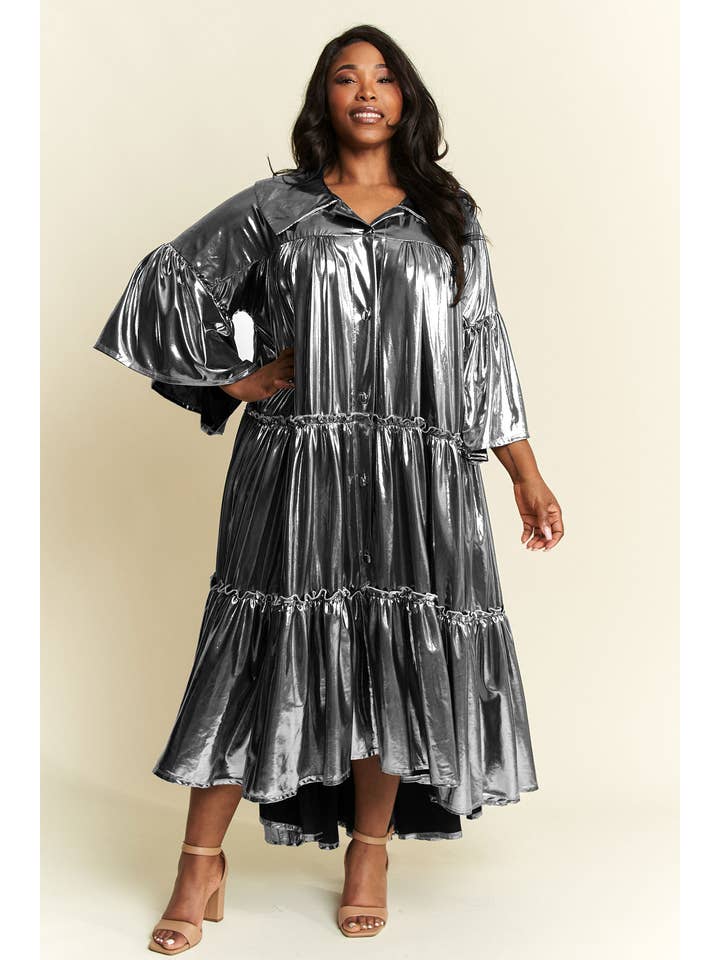 Namatt Design - Wholesale Dress - Women's - Plus Flare Sleeve Metallic Pleated Tiered Flare Dress