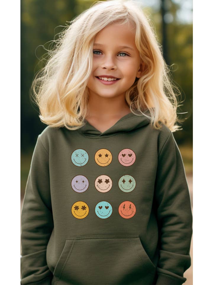 Kids By Kissed Apparel - Vendita all'ingrosso Felpa con cappuccio - Bambini - Felpa con cappuccio con grafica per bambini pastel Smiley Faces Grid1