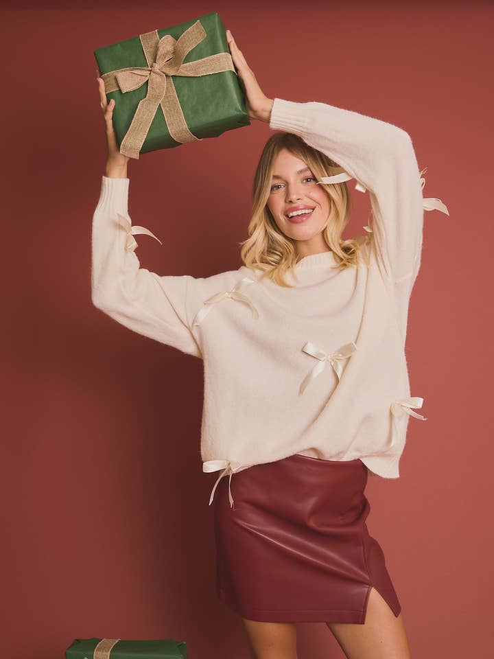 Cream Round Neck Long Sleeve Satin Bows Sweater for wholesale on Faire
