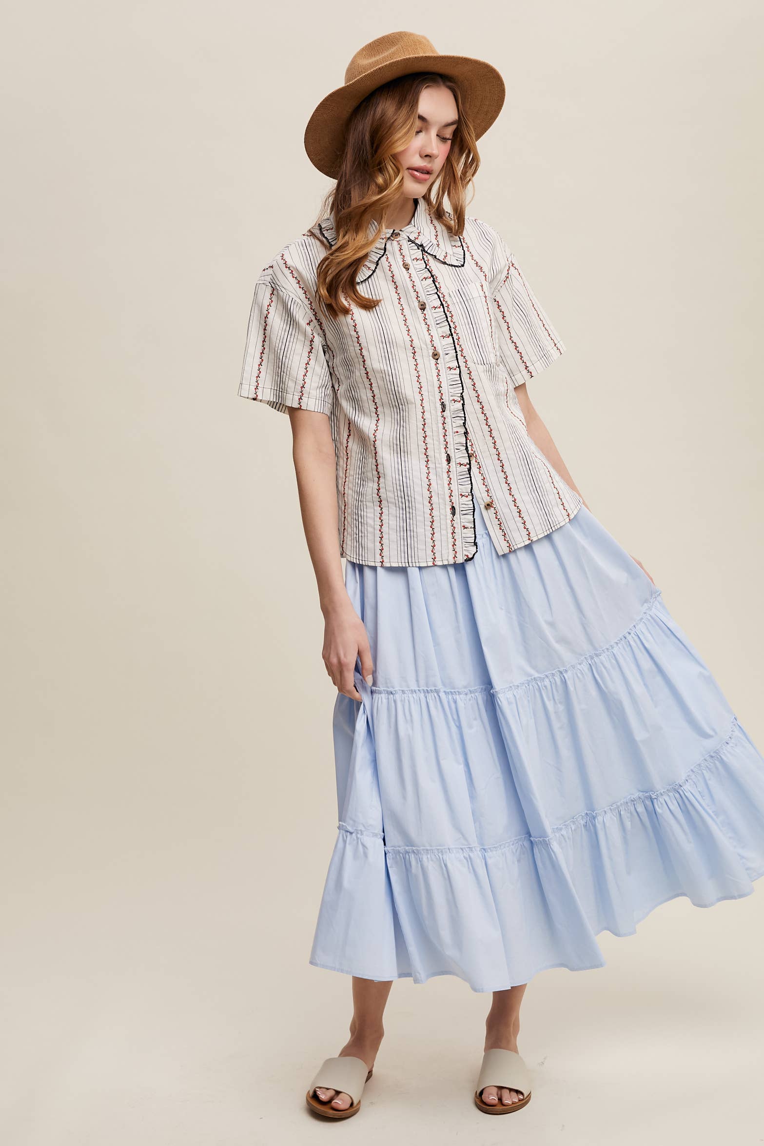 Listicle - Wholesale Button Down Shirt - Women's - Striped Embroidered Button-Down Blouse22