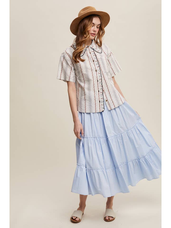 Listicle - Wholesale Button Down Shirt - Women's - Striped Embroidered Button-Down Blouse22