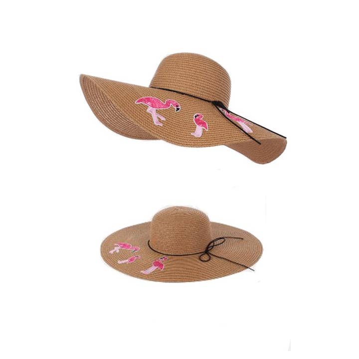 Cap Zone - Wholesale Straw Hat - Women's - Pink Flamingo Embroidered Applique Sun Hat