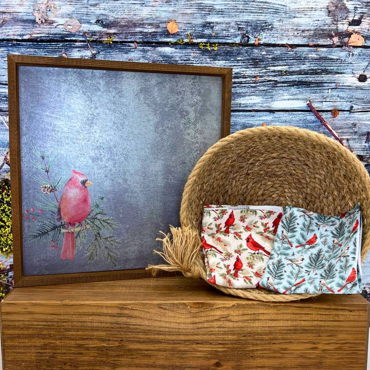 Driftless Studios - Wholesale Tea Towel - Red Christmas Cardinals Waffle Washcloth - Stocking Stuffers1