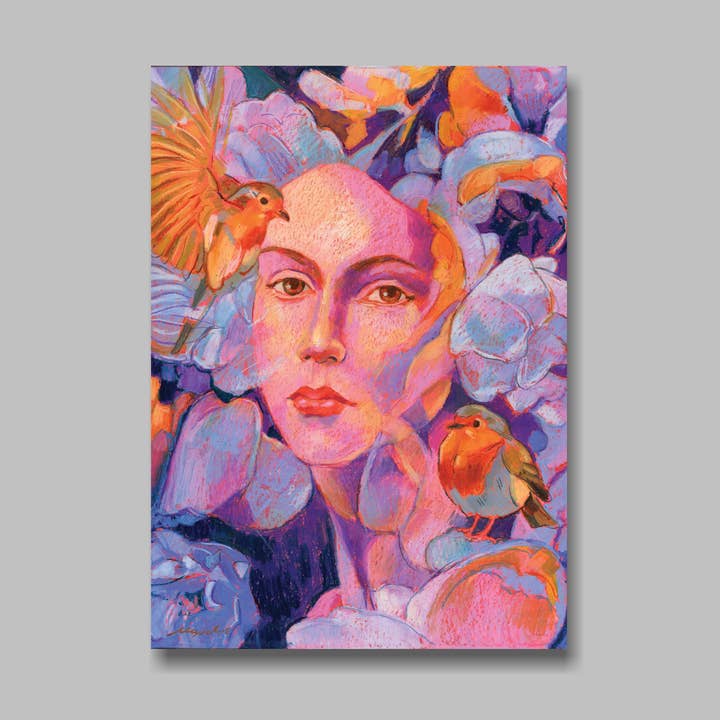 Impressão artística DIN A5, mulher, pisco-de-peito-ruivo, postal por atacado de Atelier No.1