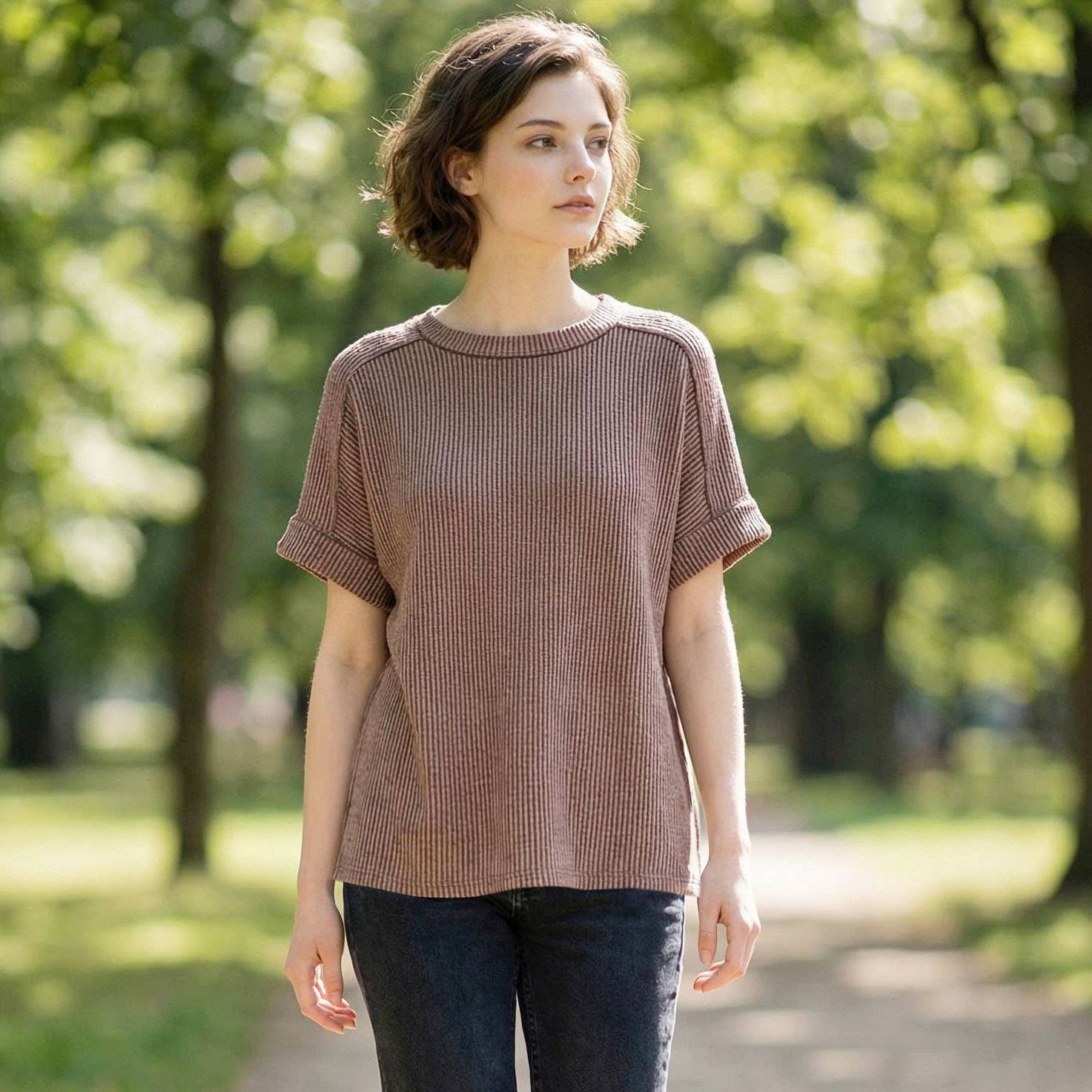 42POPS - Wholesale Knit Top - Women's - .Corded Rib Short Sleeve Raw Edge Top36