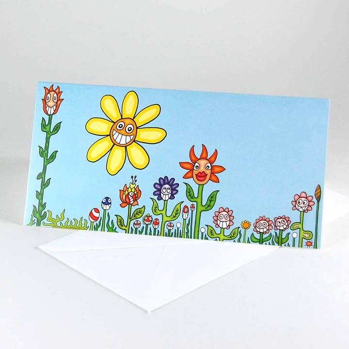 Laughing Flower Meadow - Tecknad gratulationskort med vitt kuvert för wholesale av Kettcards