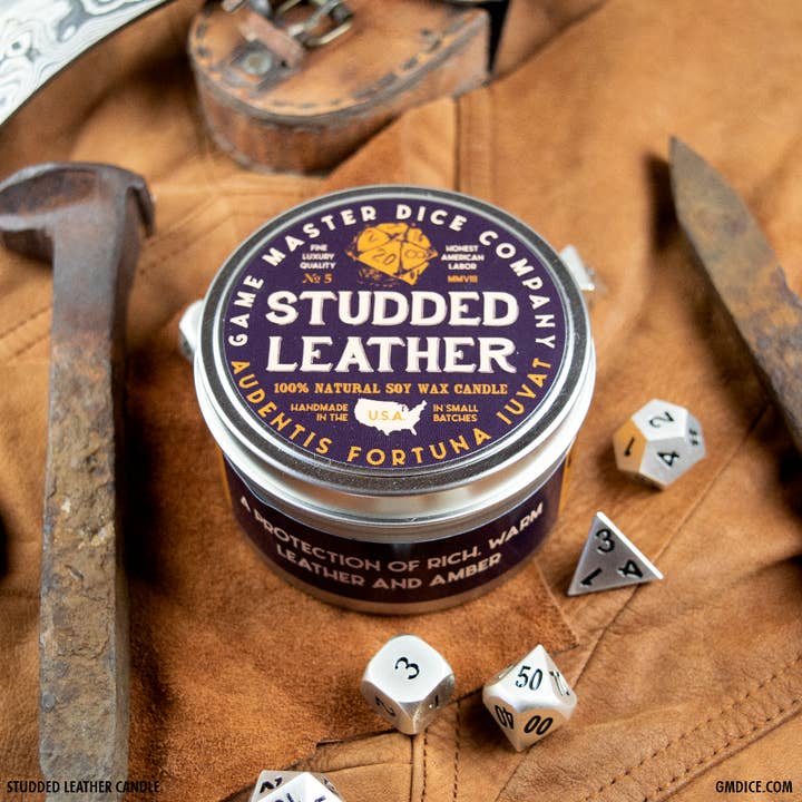 Game Master Dice - Wholesale Travel Candles - Studded Leather Gaming Candle