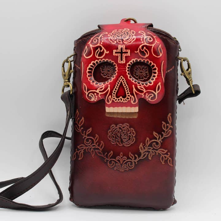 Sunflower Handmade leather inc - Wholesale Phone wallet – women's - Handmade leather cell phone holder sugar skull day of dead7