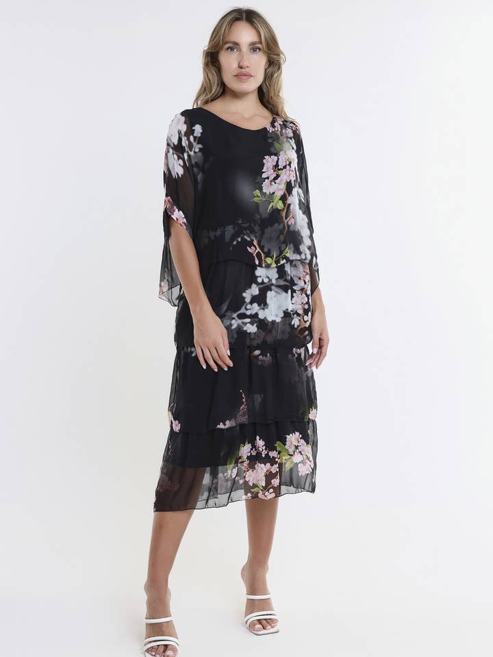 Floral Ava Silk 3-Tiered Ruffle Dress (DQ210F) for wholesale by TINA Stephens Italy/Tees By Tina