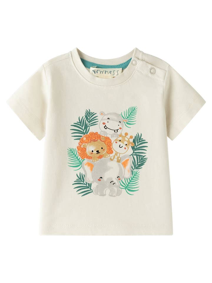 Beige baby bomulds t-shirt med grønne og orange detaljer BBV66009 for engroshandel hos Newness Kids