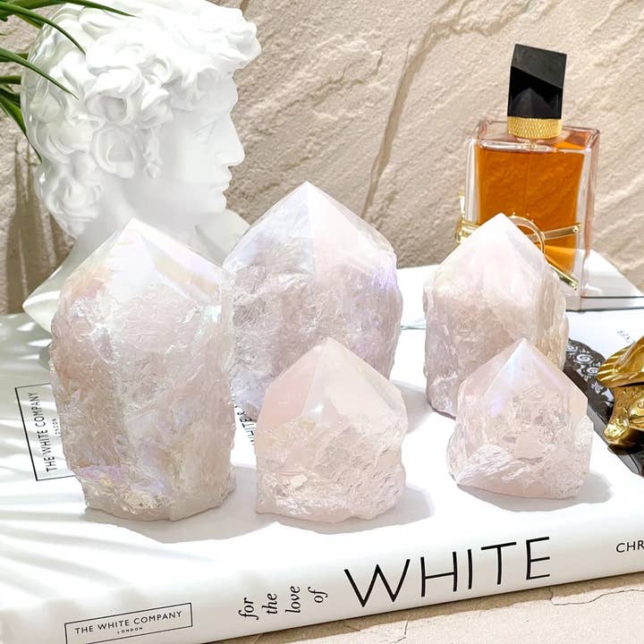 Glistening Angel Aura Rose Quartz Points. Enhance Love, Harm for wholesale by Yellow Tree Company