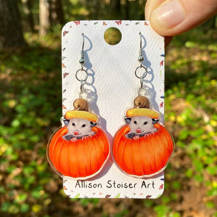 Acrylic Pumpkin Opossum Earrings for wholesale by Allison Stoiser Art
