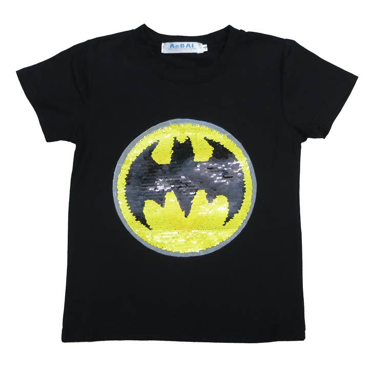 Wenchoice – Engroshandel T-shirt - Børn – Sort Flip Pailletter Batman/Superman T-shirt
