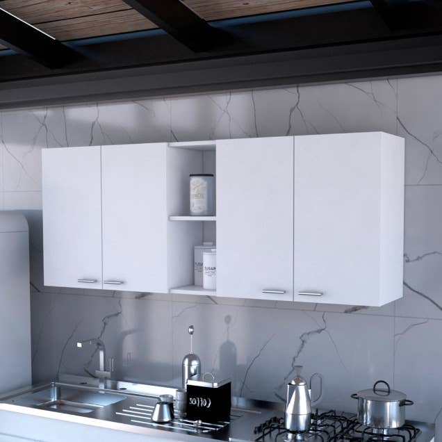 Wall Cabinet 24" H, Four Doors, Two Open Storage Shelves, Two Internal Shelves, Internal Dish And Glass Organizer, White White Particle Board Particle Board for wholesale by Orange County Decor