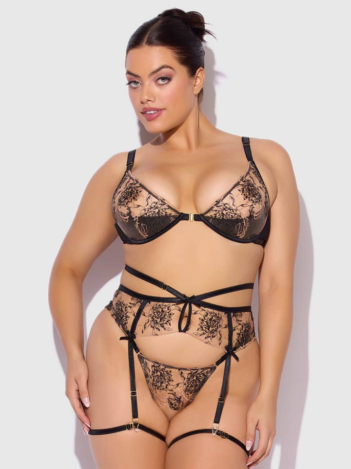Black Taupe DELILAH EMBROIRED PUSH UP BRA, GARTER & THONG SET for wholesale on Faire