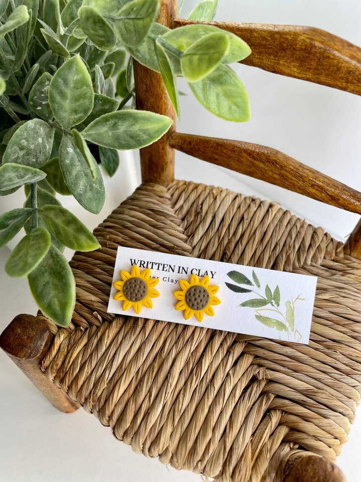 Hand- Detailed Sunflower Studs for wholesale by Written In Clay
