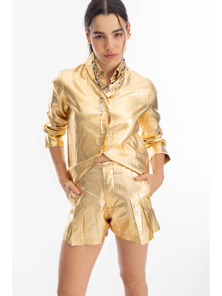Guld Frida Metallic Hør Shorts - Guld for engroshandel på Faire3