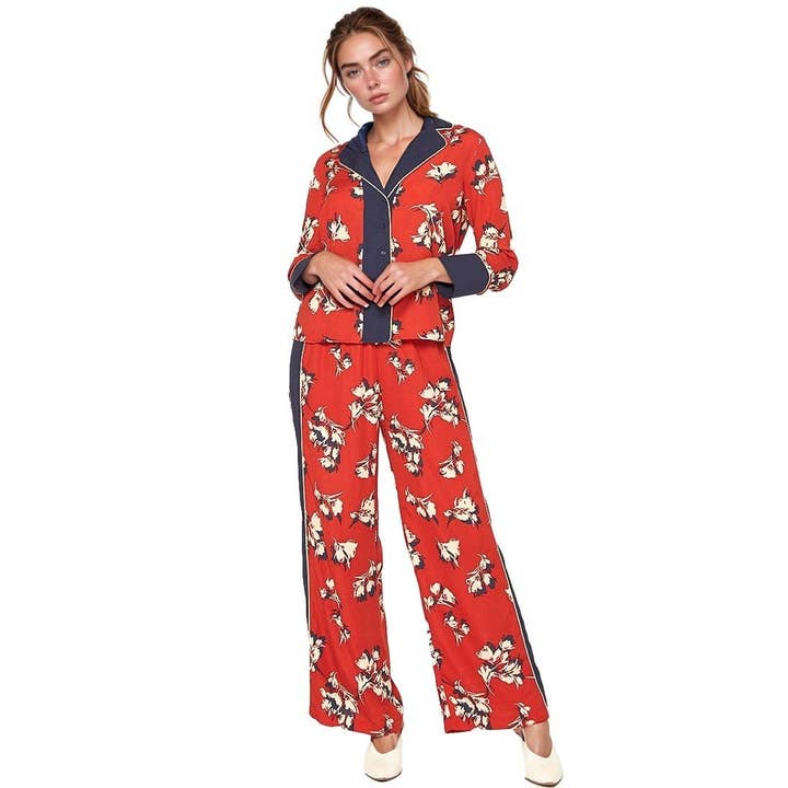 Pleione Floral Navy Contras Palazzo Pants for wholesale on Faire