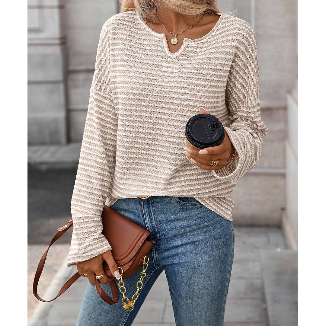 UNISHE - Wholesale Blouse - Women's - Striped Waffle Knit Long Sleeve Top MD2371