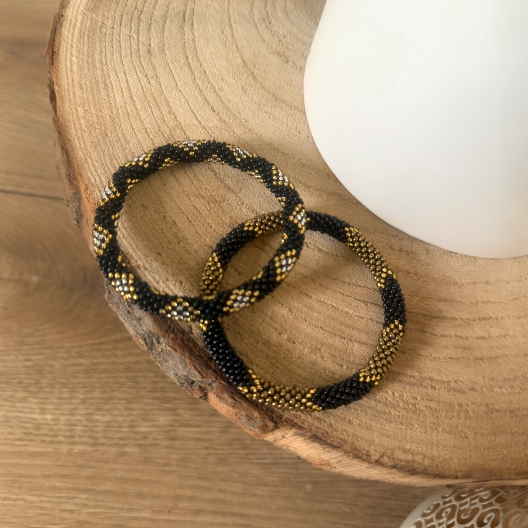 Maison Yvelise - Wholesale Beaded Bracelet - Black, beige, and gold Nepalese bracelet3