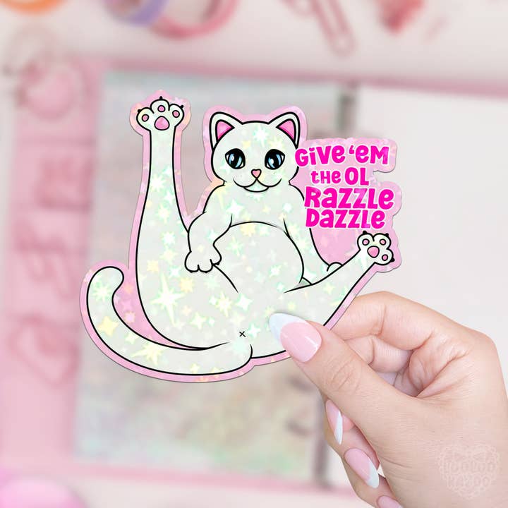 Give 'em the ol Razzle Dazzle Funny Cat Vinyl Sticker for wholesale by LooLooKazoo