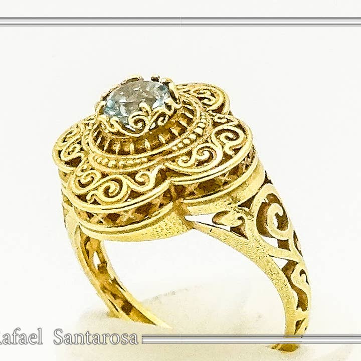 Anillo de plata con topacio azul, amatista, peridoto, granate y perla estilo bizantino para venta al por mayor de RAFAEL SANTAROSA