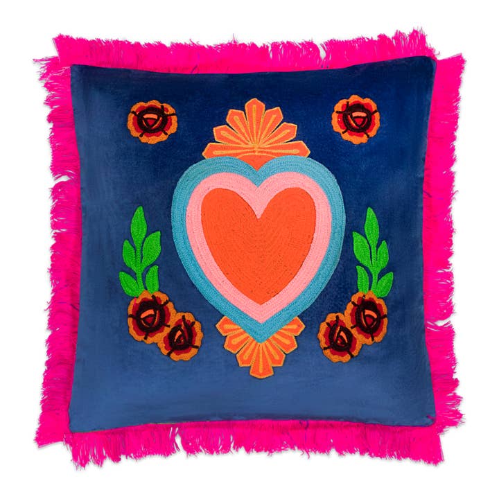 Cushion Milagro Heart Fringes d.blue for wholesale by Kitsch Kitchen
