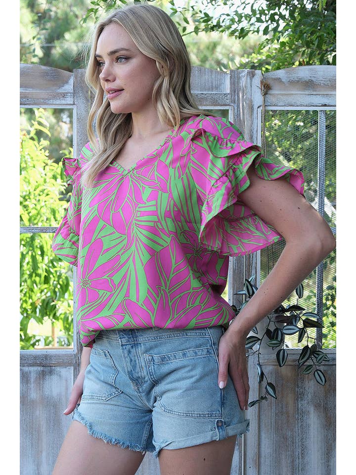 FUCHSIA GREEN ST2407-E - PRINTED WOVEN RUFFLED TULIP SLEEVE V NECK TOP for wholesale on Faire6
