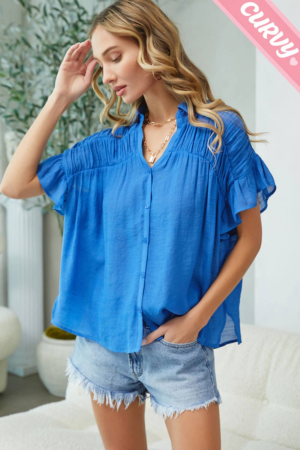 Sweet Lovely by Jen - Wholesale Button Down Shirt - Women's - PLUS SIZE CASUAL SHORT RUFFLE FLOWY SHIRT6