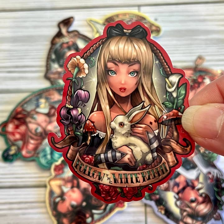 Autocollant en vinyle Badass Babes, White Rabbit Alice pour la vente par Graceful Darkness, LLC
