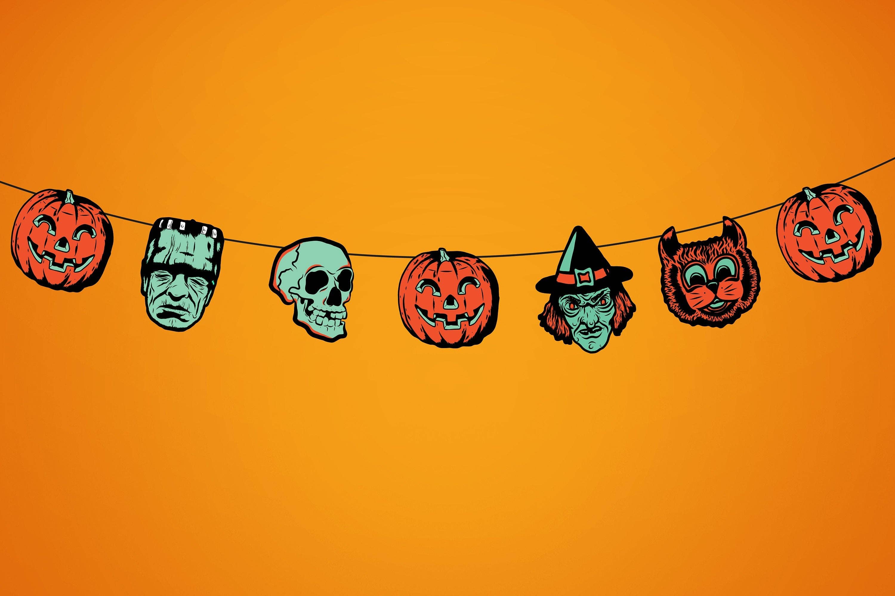 Ryan Dowell Art - Wholesale Feestbord/banner - Retro geïnspireerde griezelige gloeistijl Halloween-personage uitgesneden1